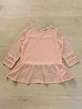 H&M Light Pink Sheer Peplum Blouse with Lace Trim